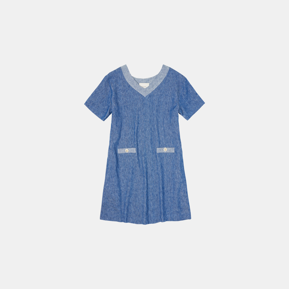 SIA8017 blue linen v-neck dress_Natural blue